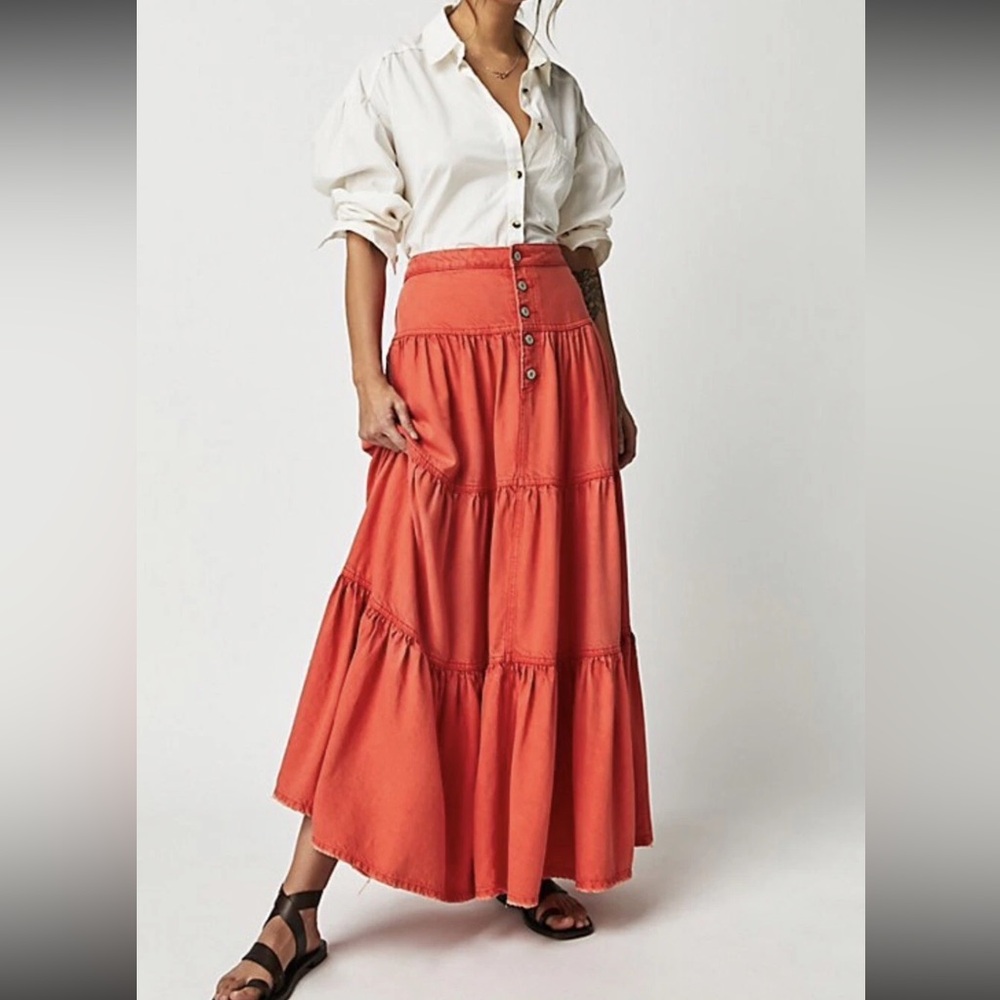 Free People We The Free Denim Dreamweaver Tiered Maxi Skirt Fire Orange Small